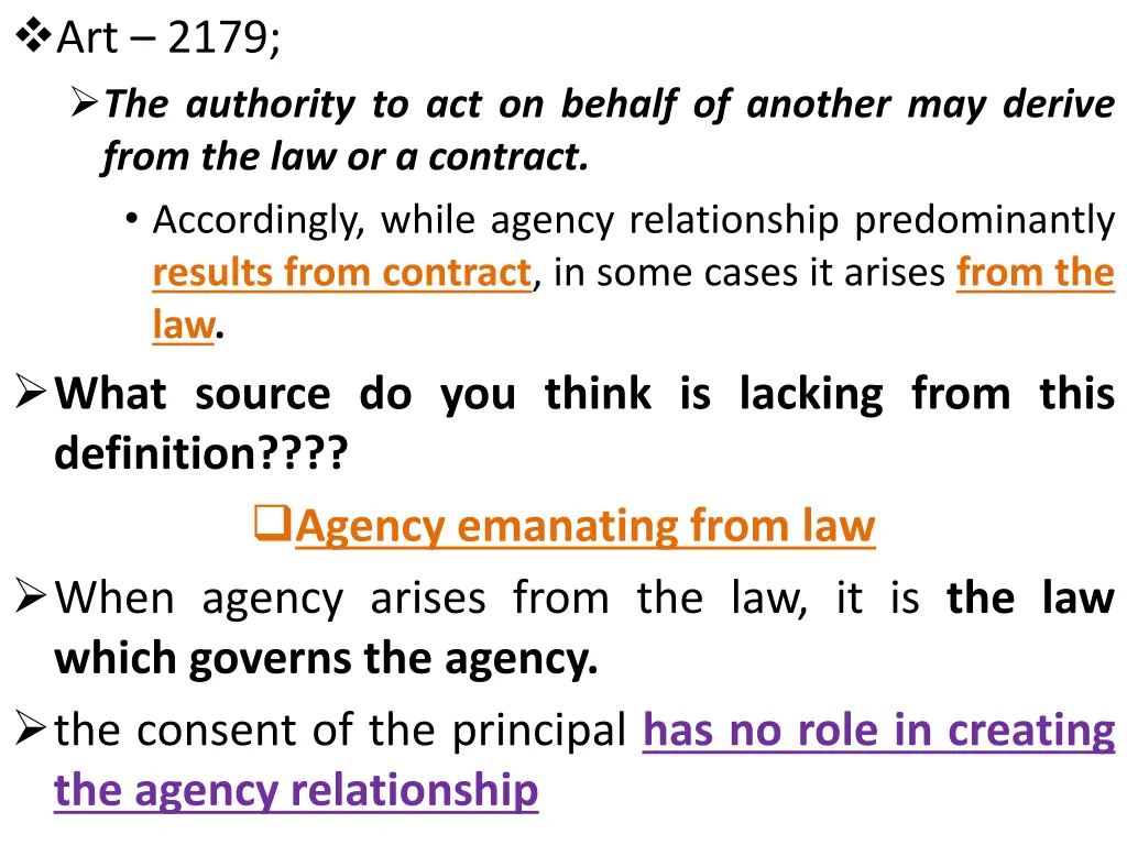 art 2179 the authority to act on behalf
