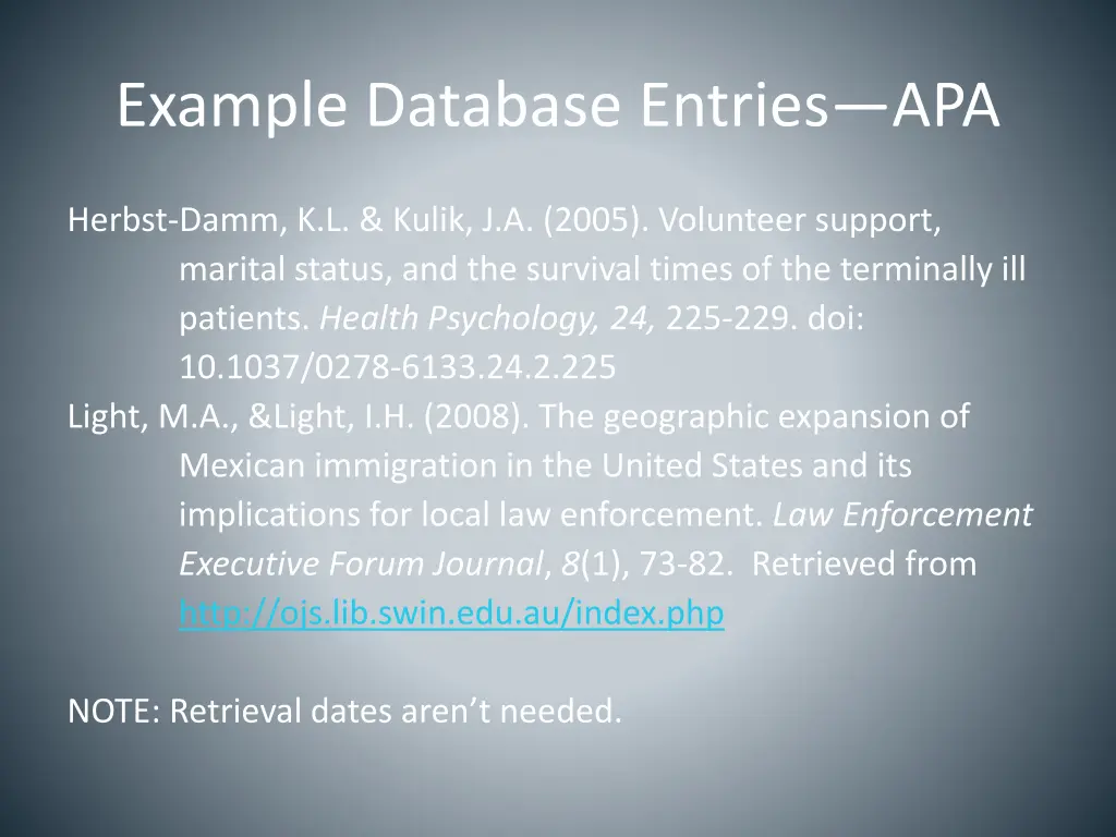 example database entries apa