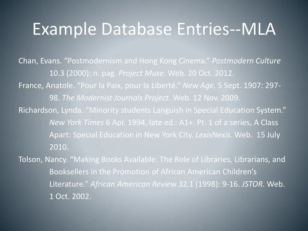 example database entries mla
