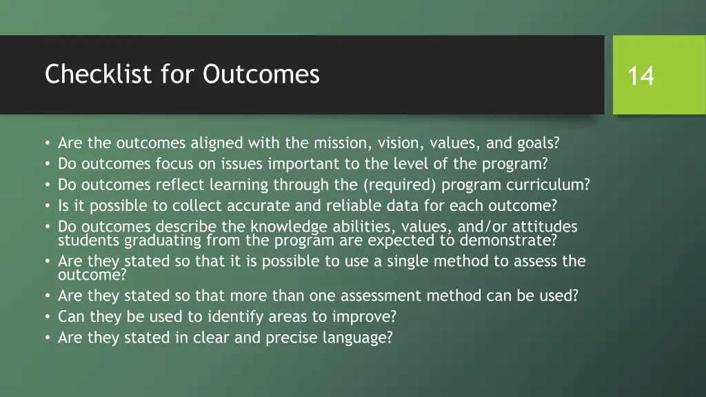checklist for outcomes