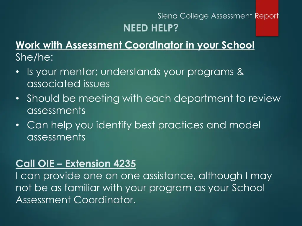 siena college assessment report need help