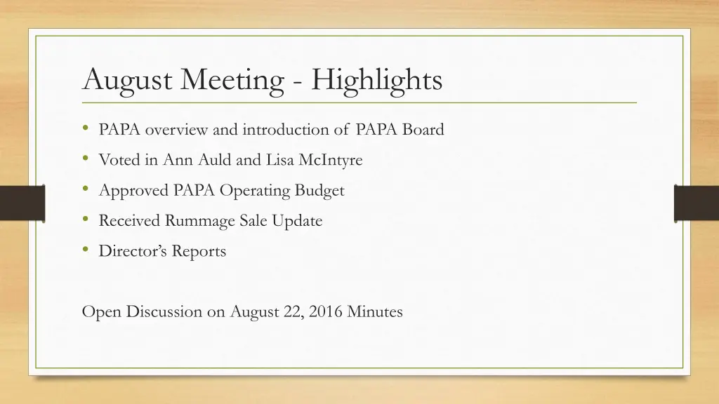 august meeting highlights