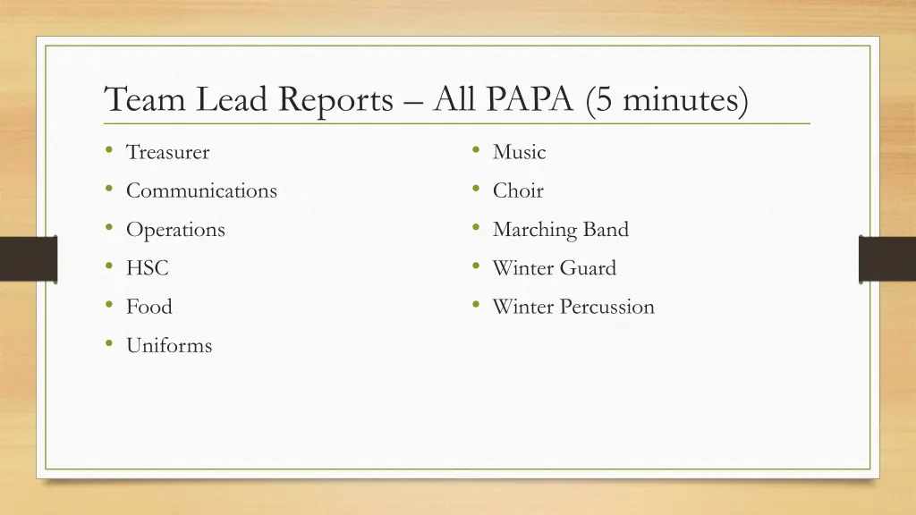 team lead reports all papa 5 minutes