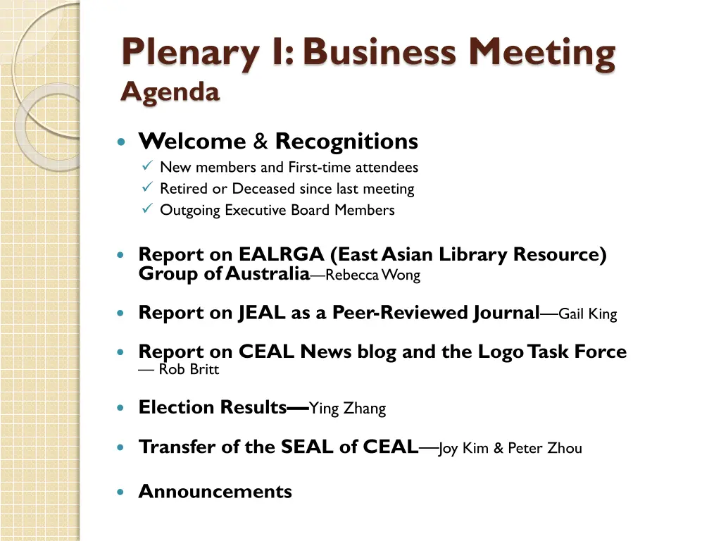 plenary i business meeting agenda