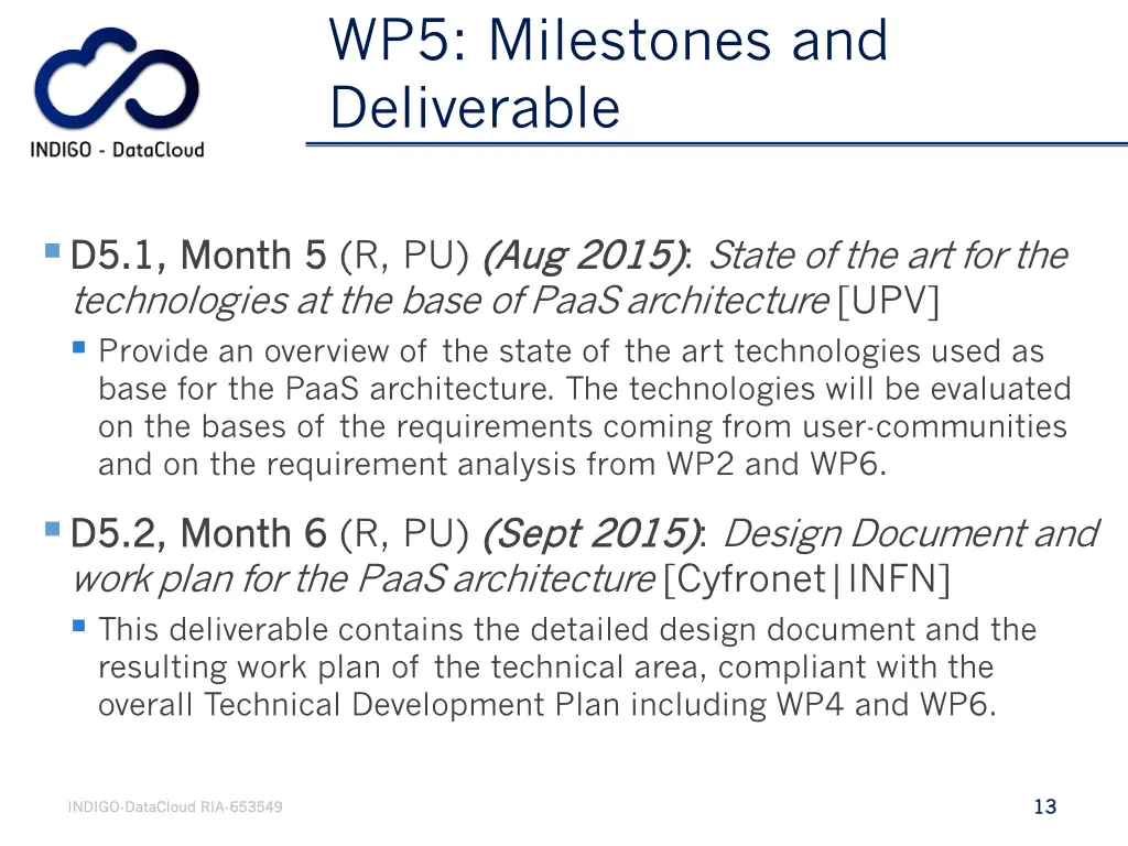 wp5 milestones and deliverable