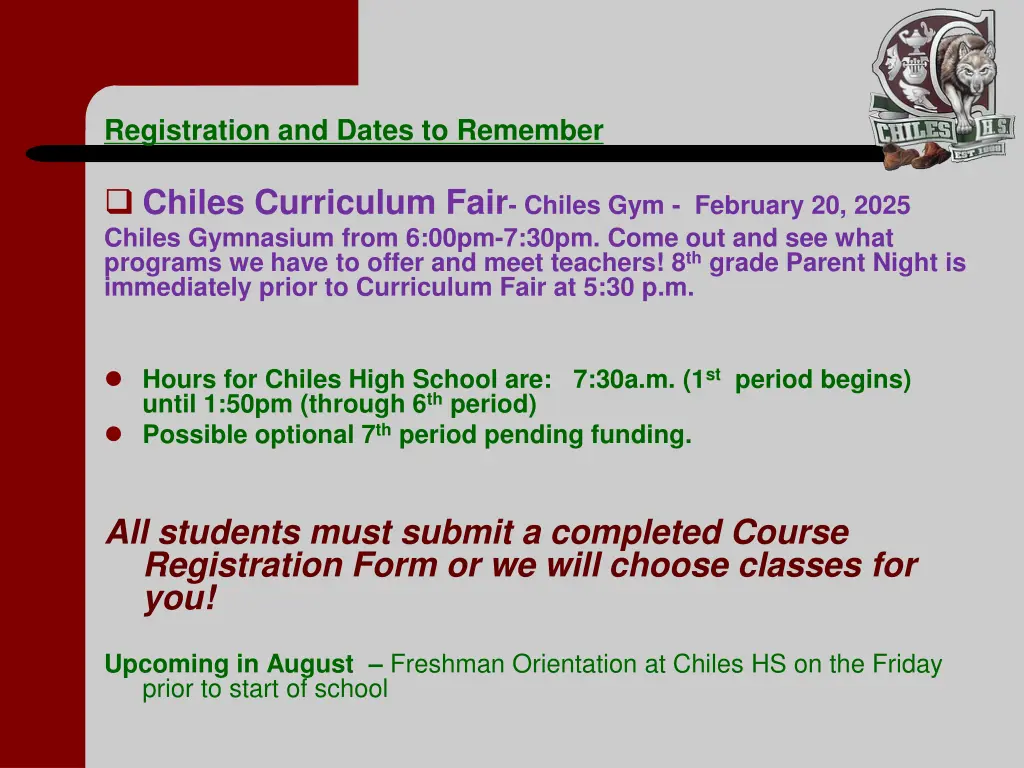 registration and dates to remember