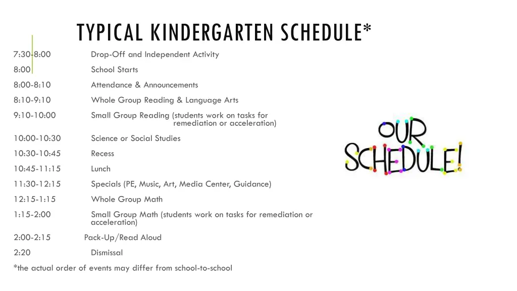 typical kindergarten schedule drop
