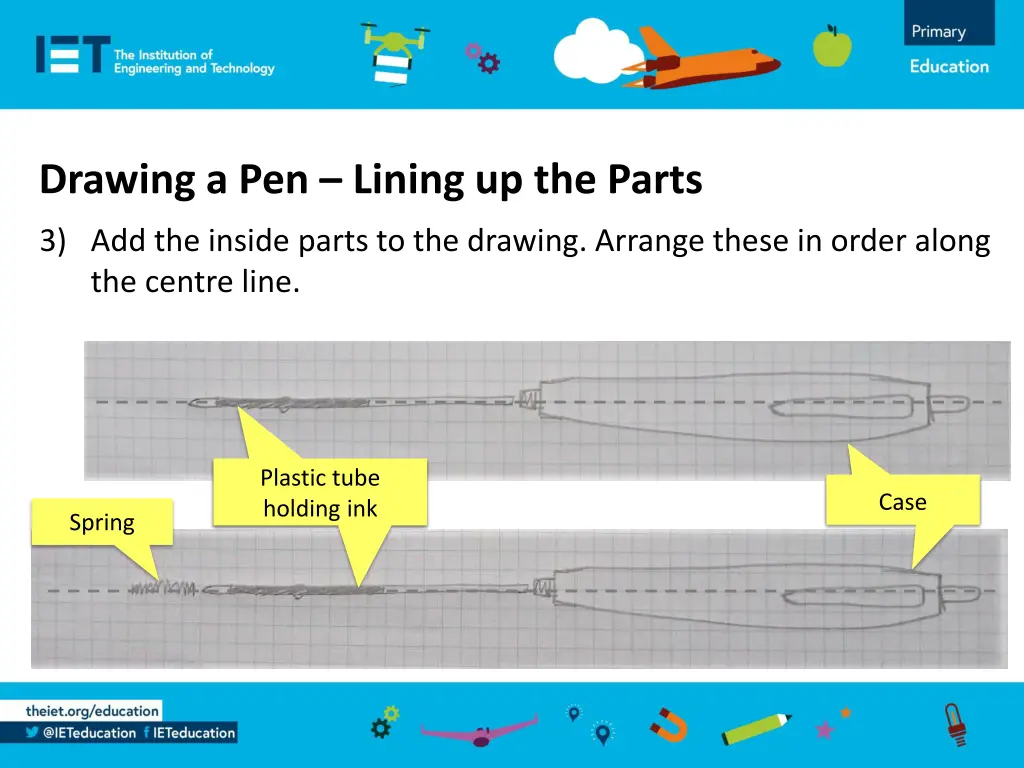 drawing a pen lining up the parts