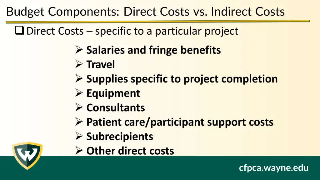 budget components direct costs vs indirect costs