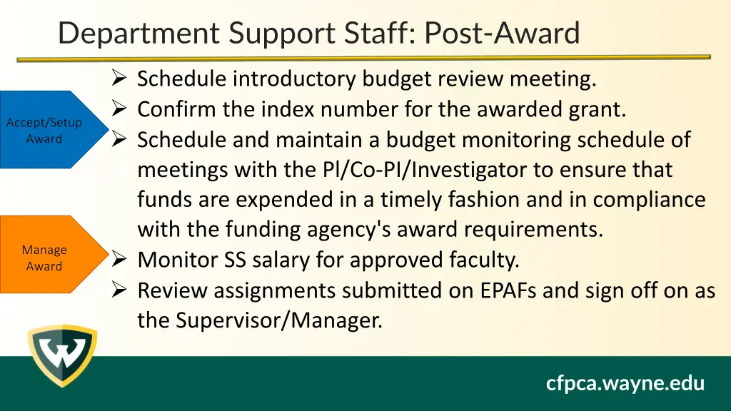 department support staff post award