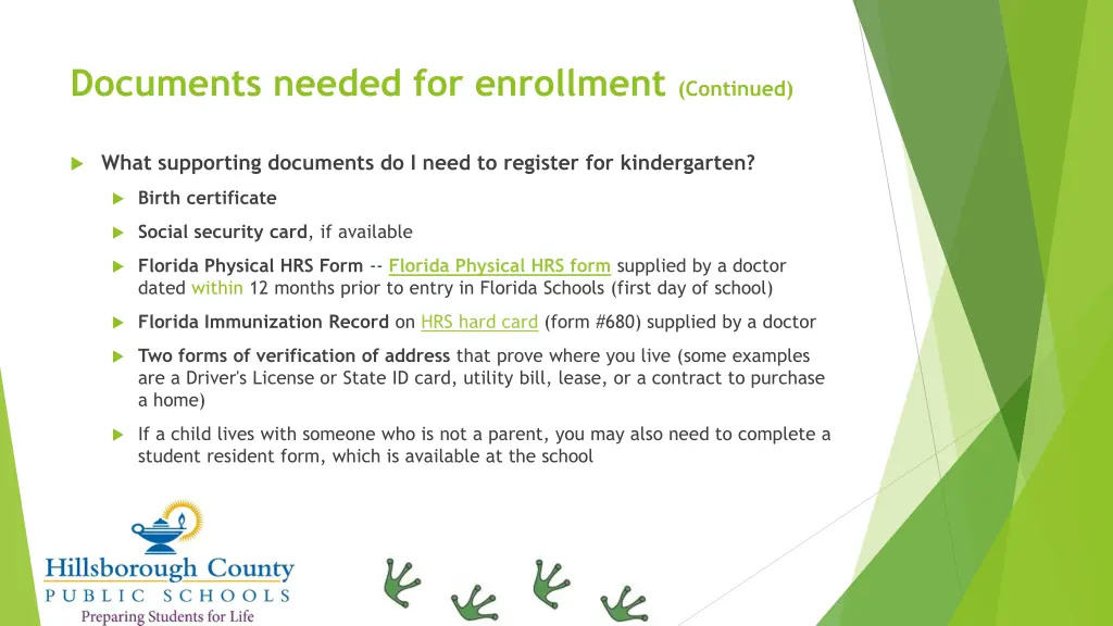 documents needed for enrollment continued