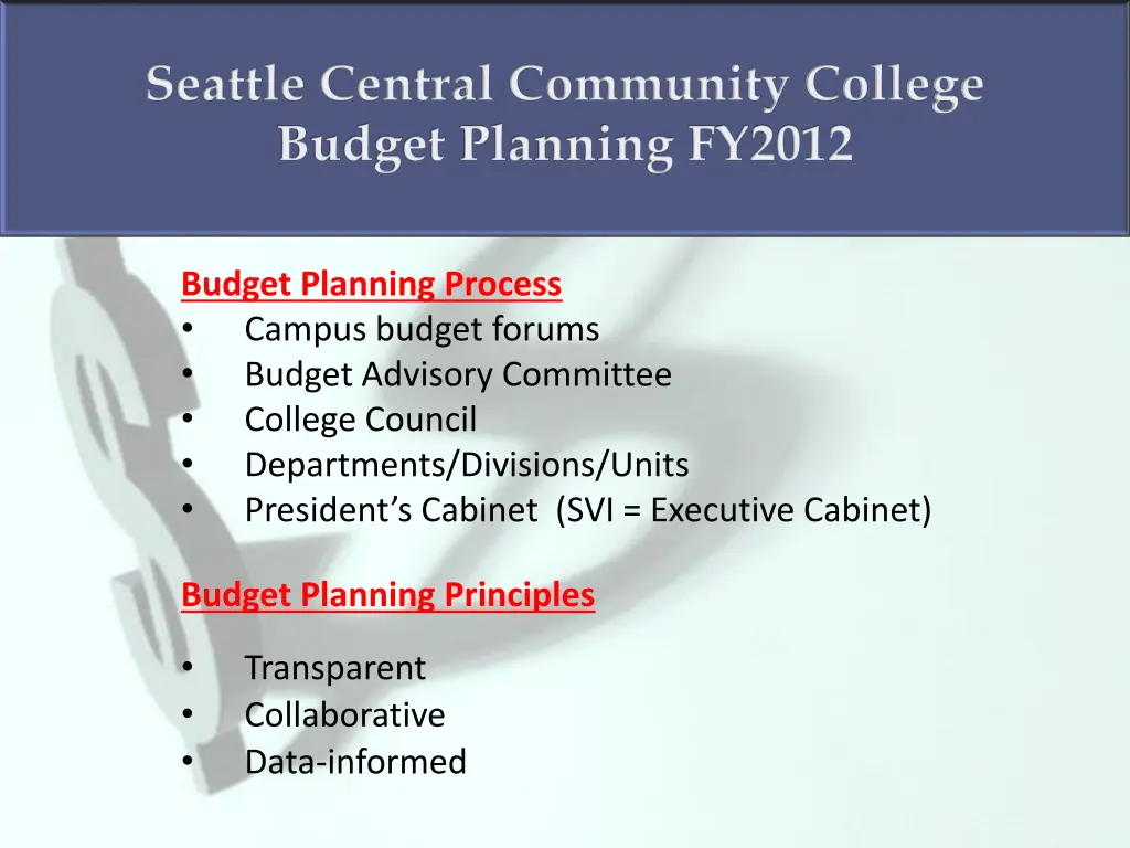 seattle central community college budget planning