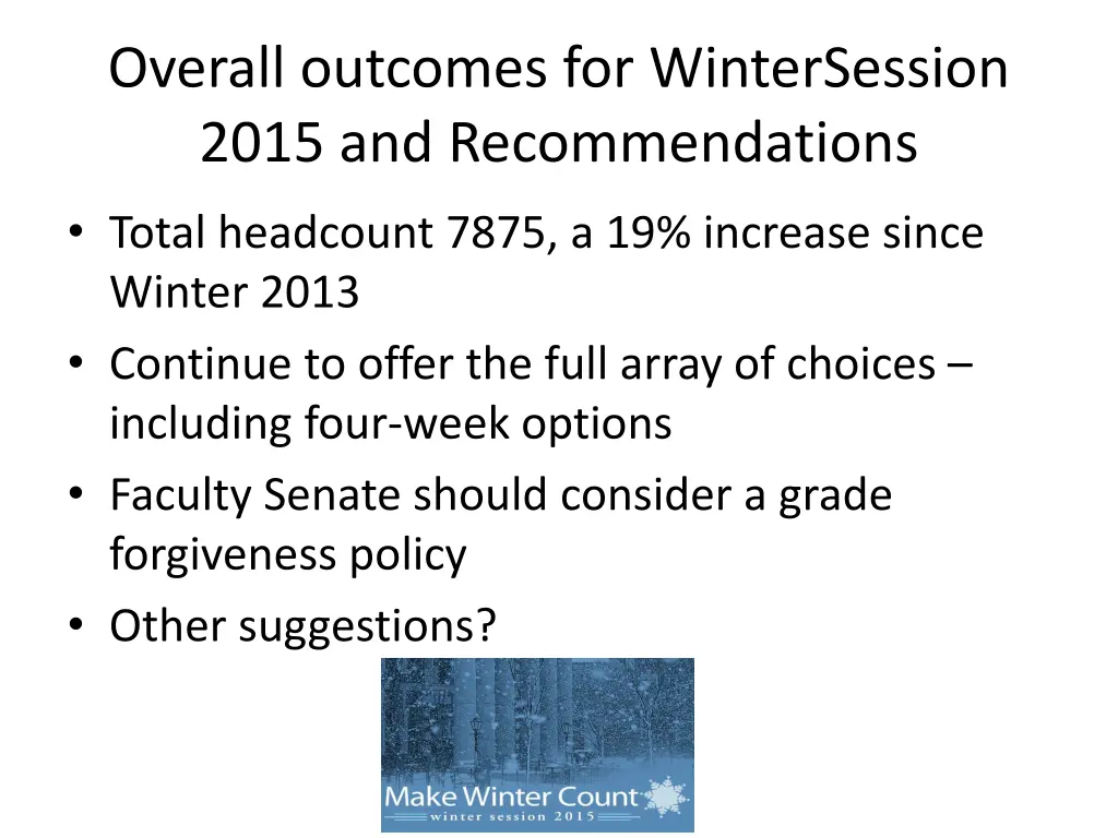 overall outcomes for wintersession 2015