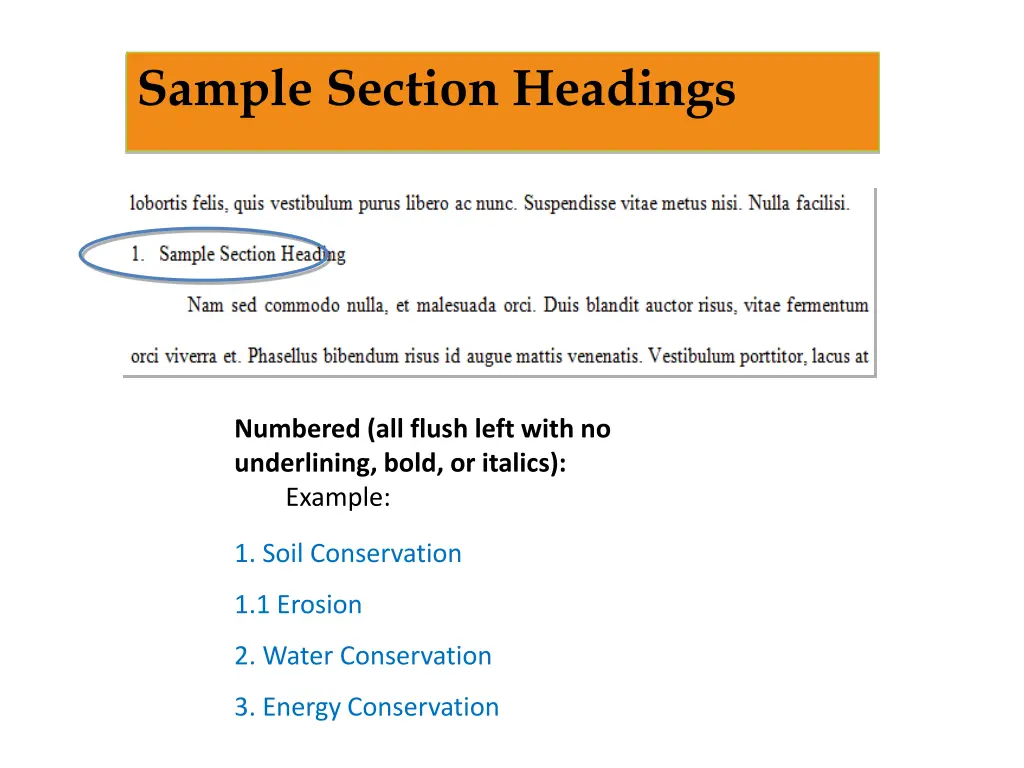 sample section headings
