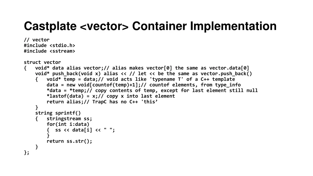 castplate vector container implementation
