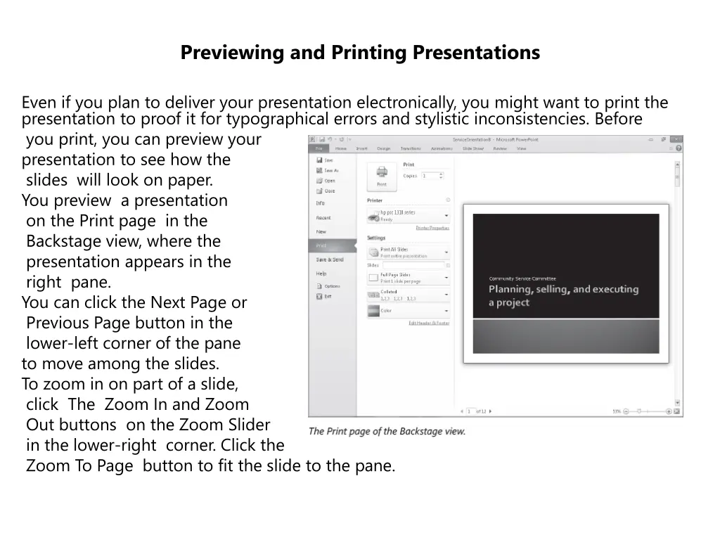 previewing and printing presentations