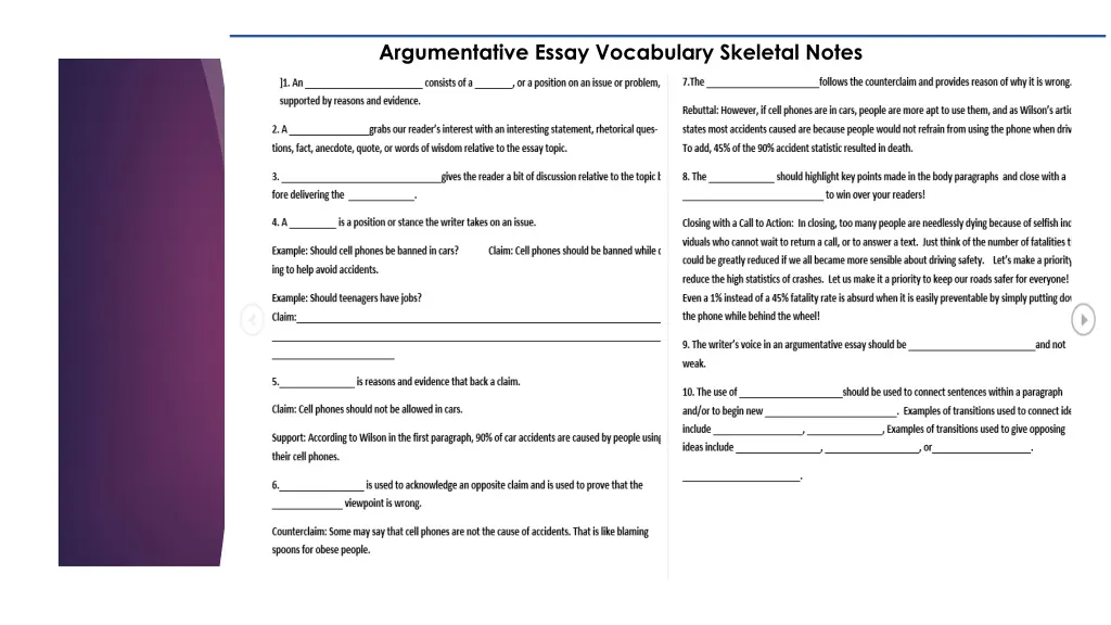 argumentative essay vocabulary skeletal notes