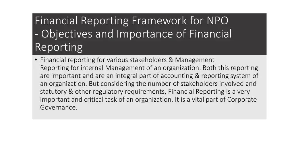 financial reporting framework for npo objectives 1