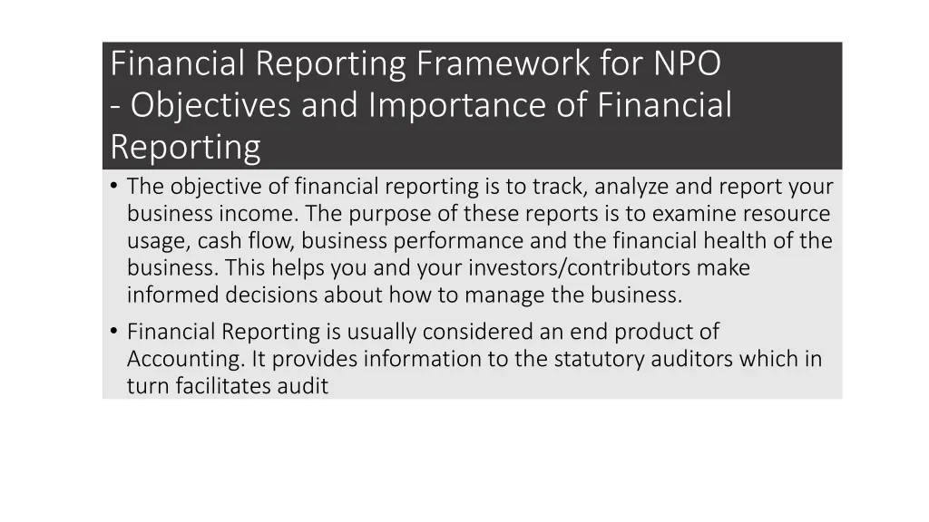 financial reporting framework for npo objectives