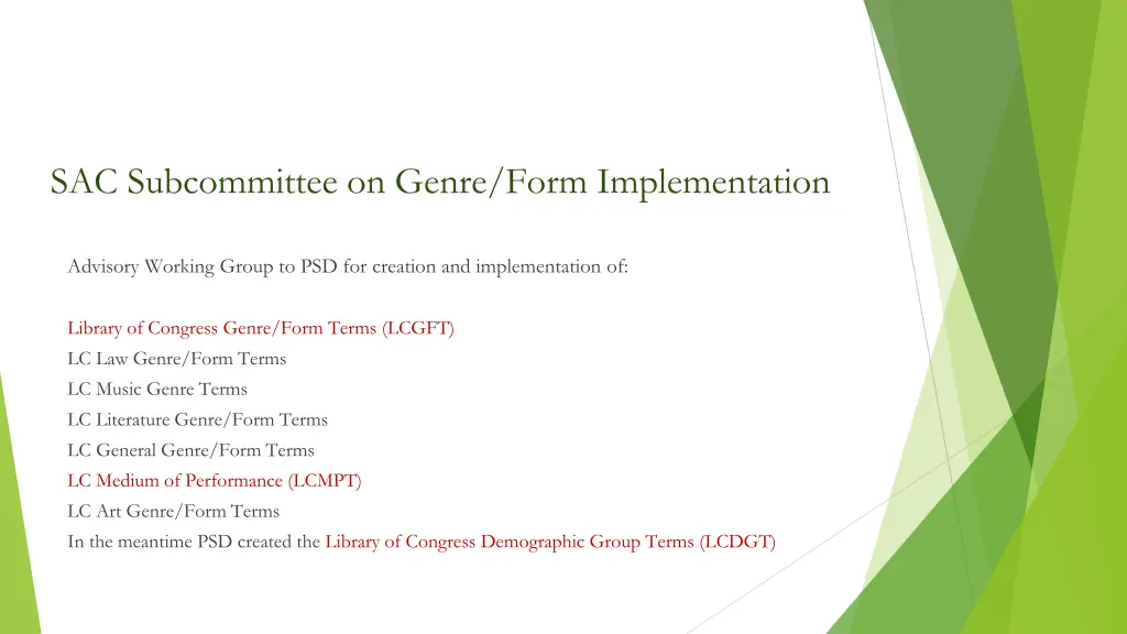 sac subcommittee on genre form implementation