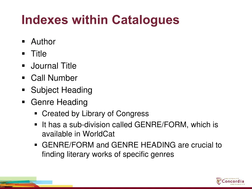 indexes within catalogues