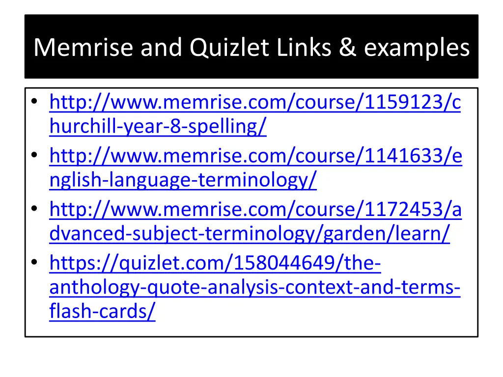 memrise and quizlet links examples