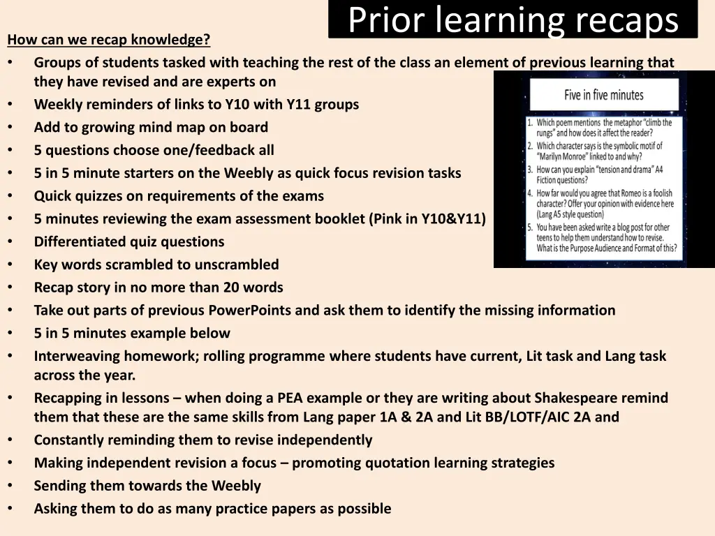 prior learning recaps