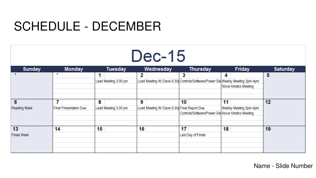 schedule december