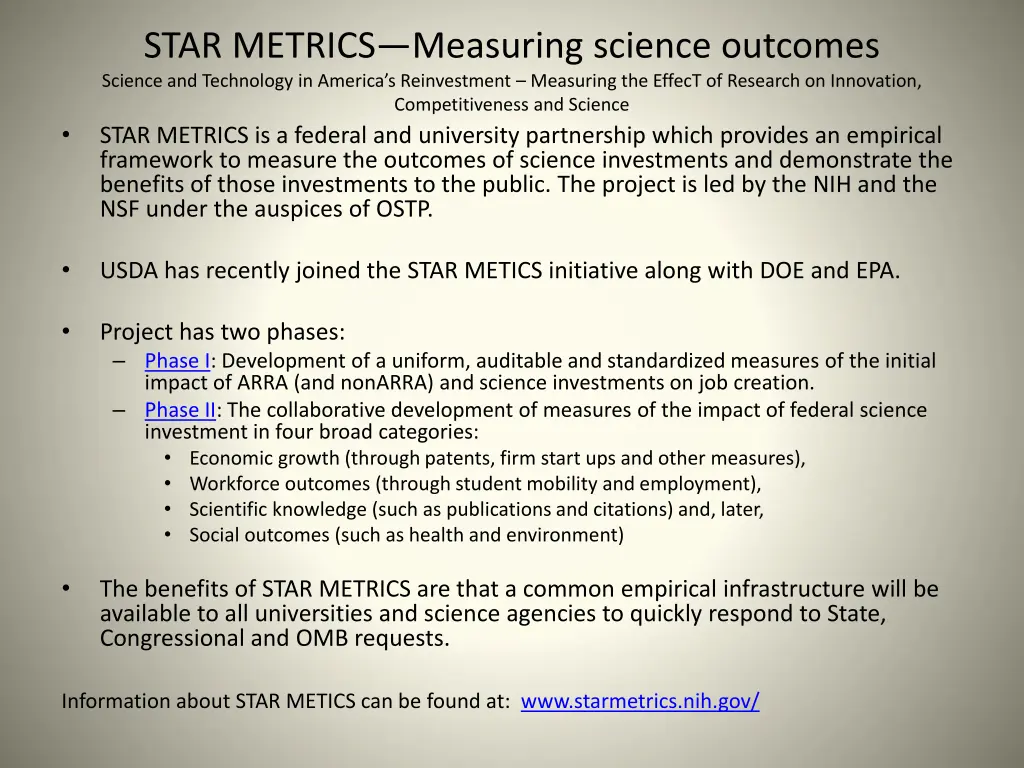 star metrics measuring science outcomes science