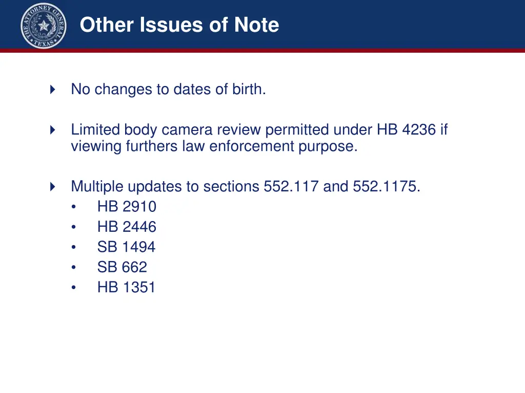 other issues of note