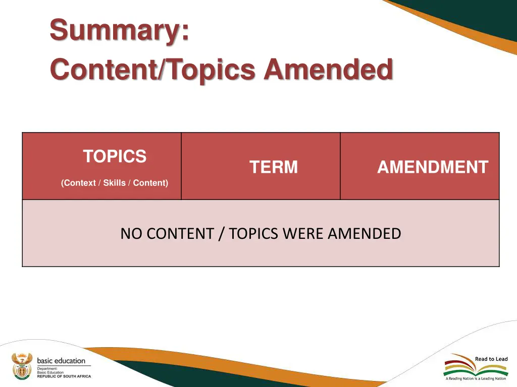summary content topics amended