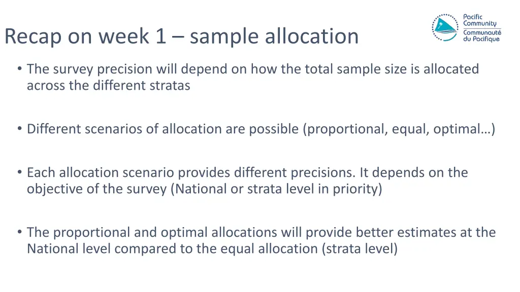 recap on week 1 sample allocation