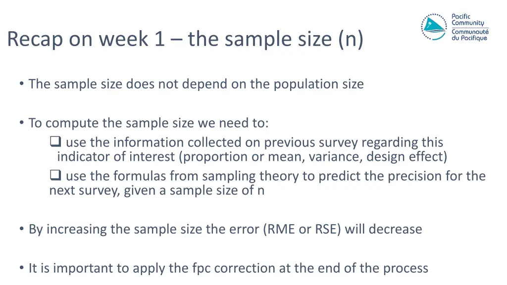 recap on week 1 the sample size n