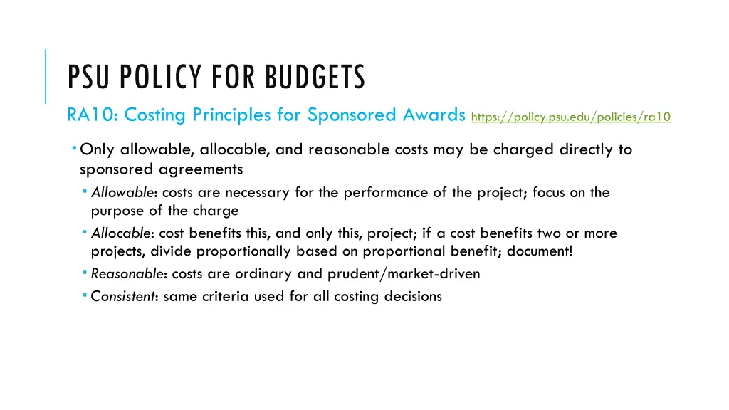 psu policy for budgets ra10 costing principles