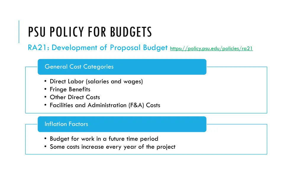 psu policy for budgets ra21 development