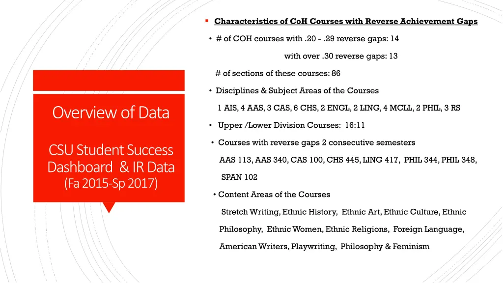characteristics of coh courses with reverse