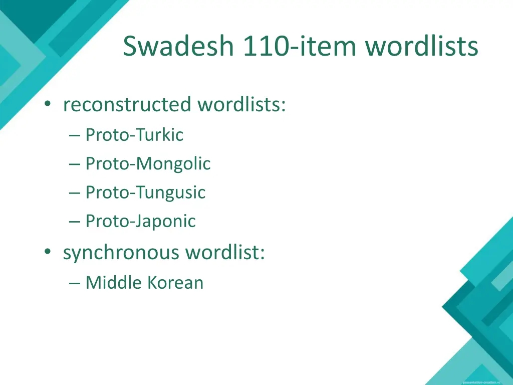 swadesh 110 item wordlists
