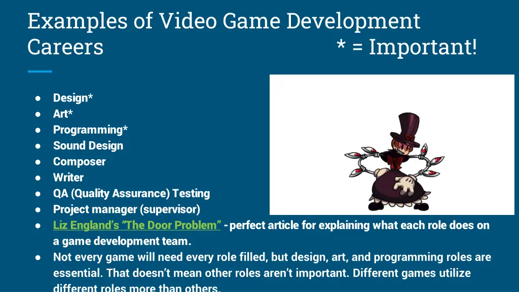 examples of video game development careers