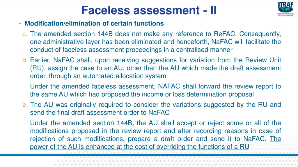 faceless assessment ii modification elimination