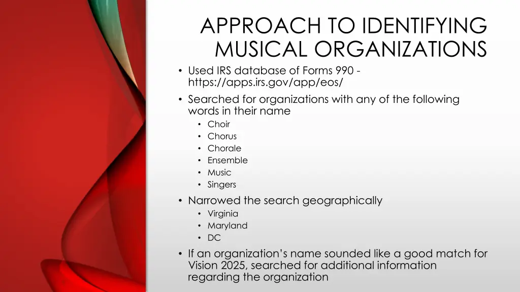 approach to identifying musical organizations