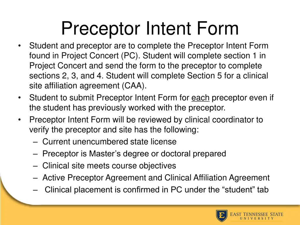 preceptor intent form student and preceptor