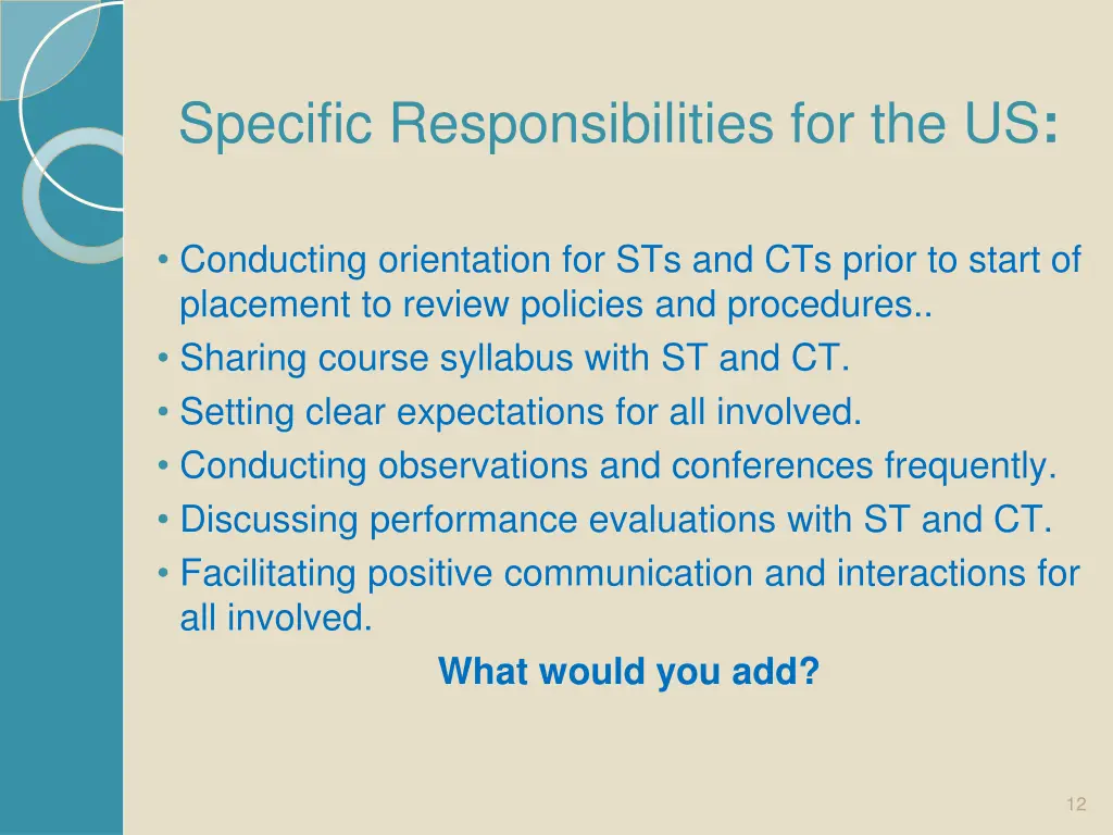 specific responsibilities for the us