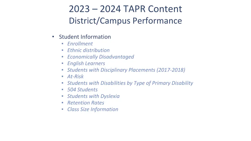 2023 2024 tapr content district campus performance 2