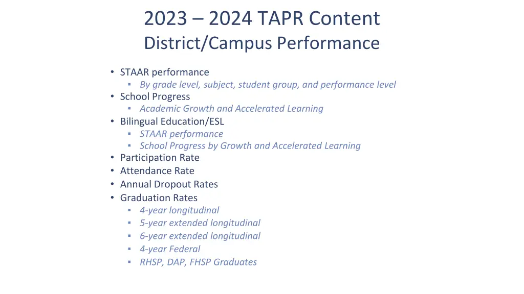 2023 2024 tapr content district campus performance