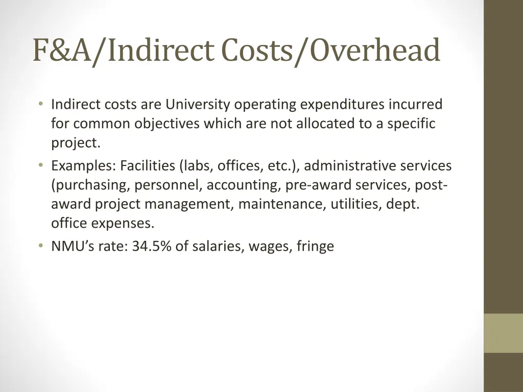 f a indirect costs overhead