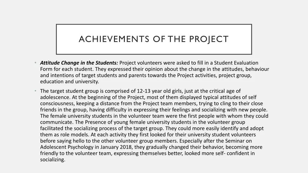 achievements of the project 1