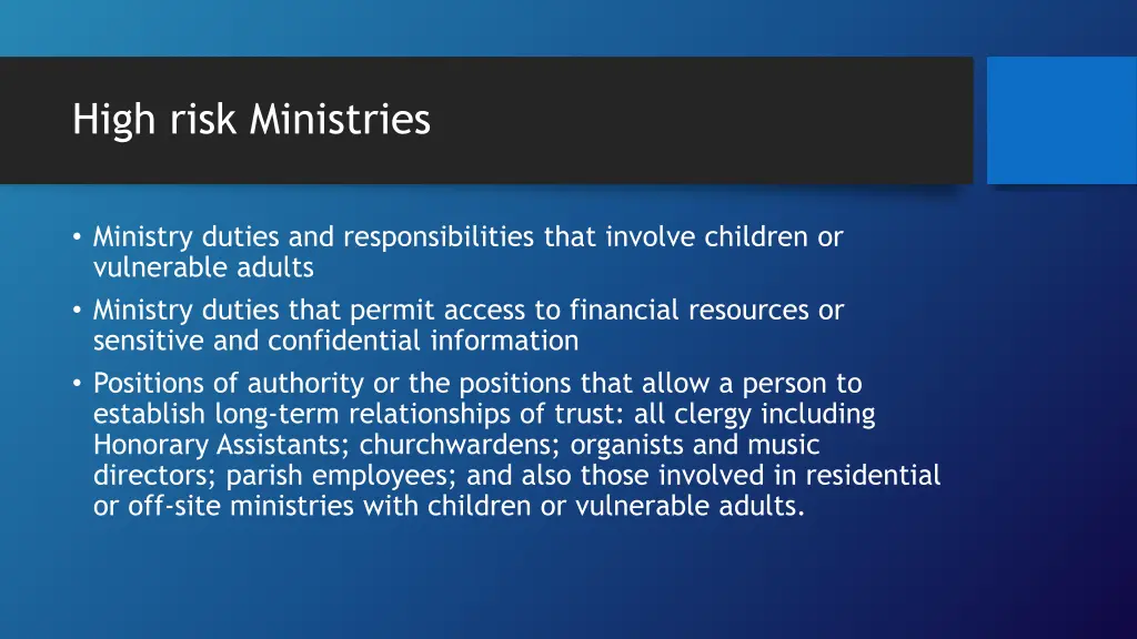 high risk ministries