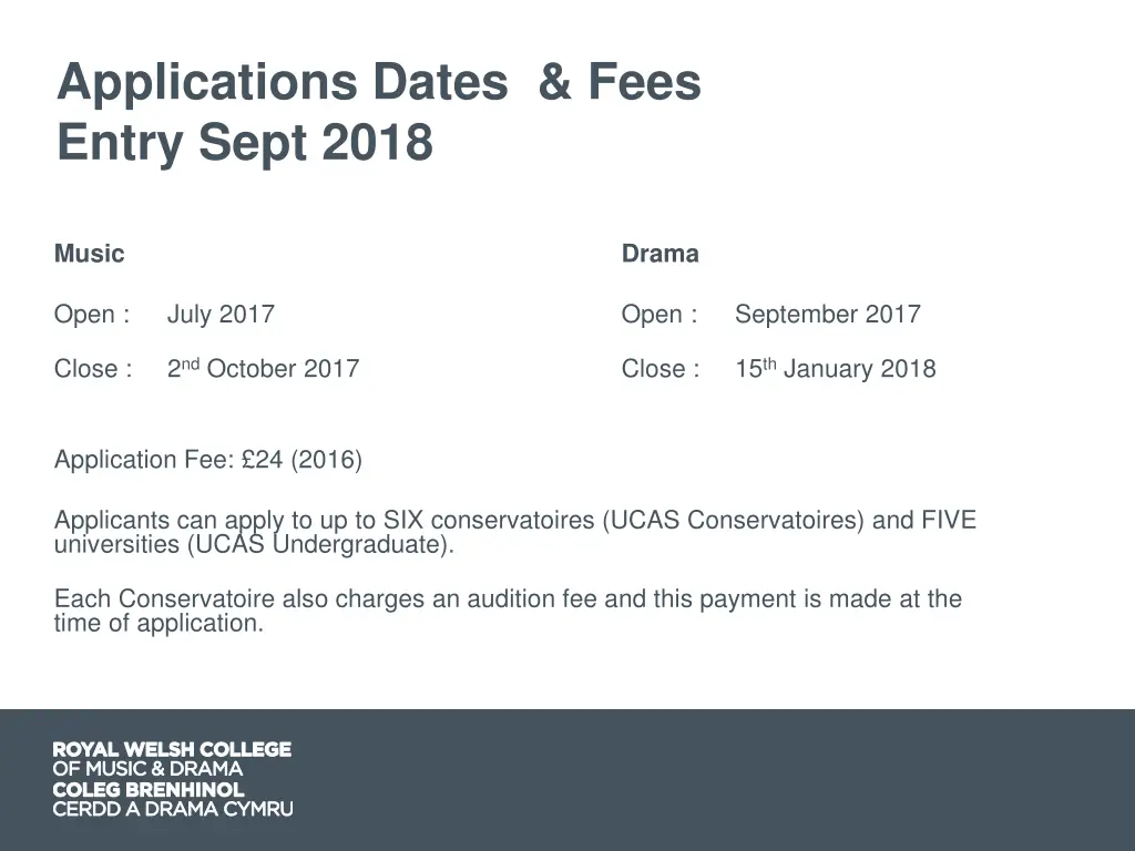 applications dates fees entry sept 2018