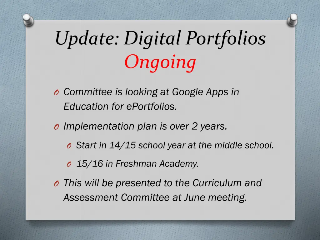 update digital portfolios ongoing