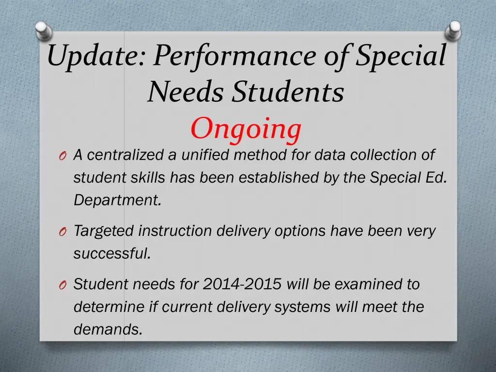 update performance of special needs students